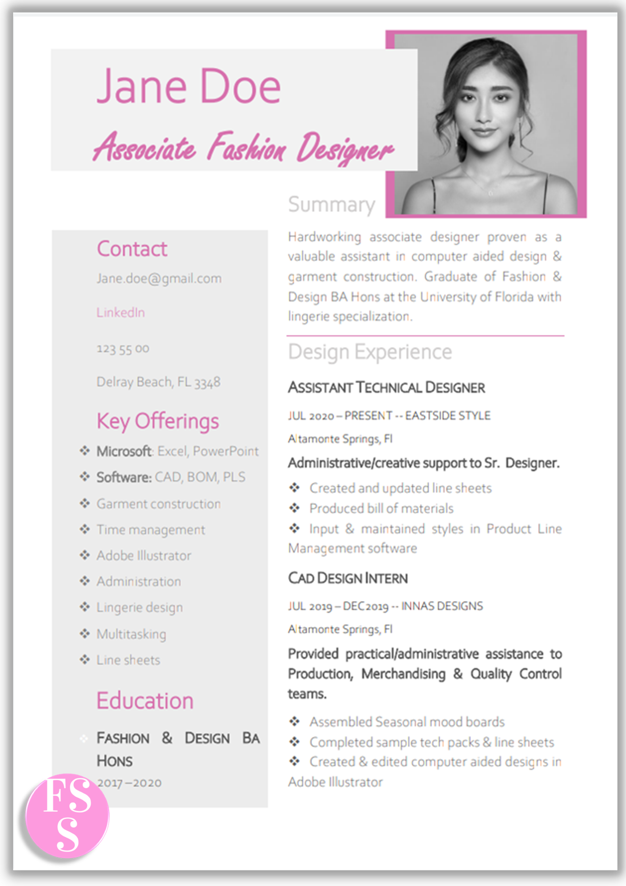 Beginner Fashion Designer Resume in pastel pink & grey. Creative resume template with photo. Features: Letter & A4 size, Word format.