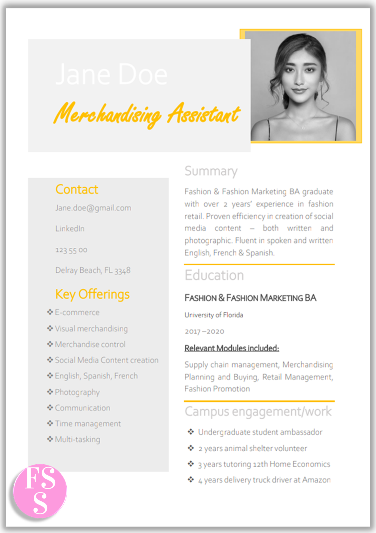 Entry Level Fashion Merchandising Resume with orange accents. Creative resume design & template with photo. Features: Letter & A4 size, Word format.