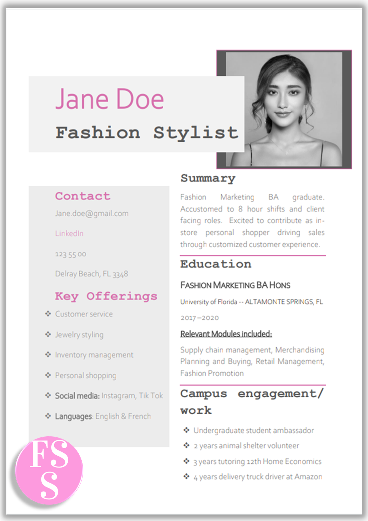 Modern Resume template in grey & hot pink. Creative design & template with photo. Features: FREE cover letter, Letter & A4 size, Word format. Instant PDF download.