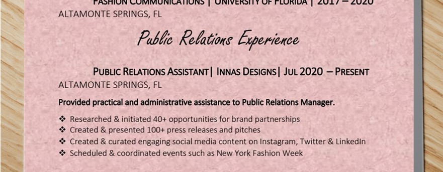 Fashion PR Resume Work Experience