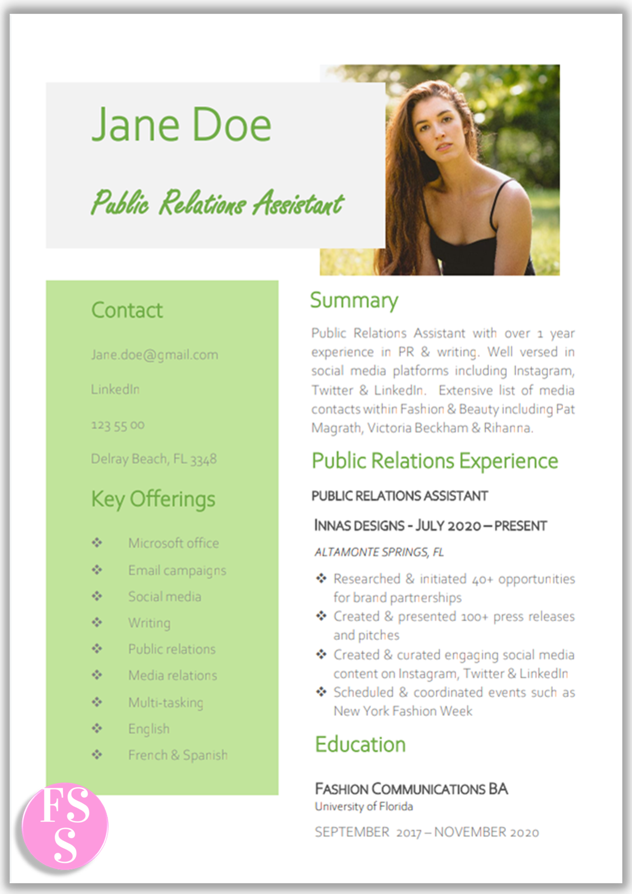 Fashion PR Resume Sample in mint green.
Creative resume design & template with photo. Features: Letter & A4 size, Word format.