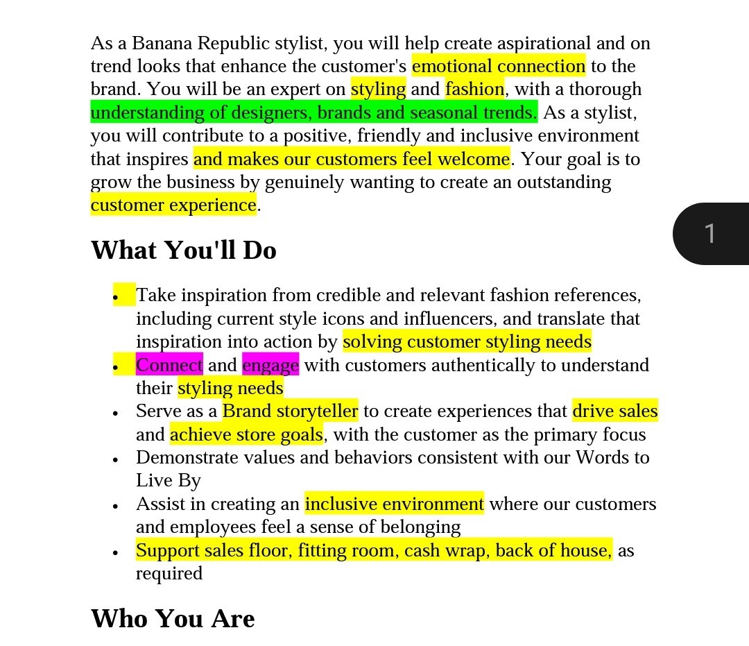 Fashion resume job description