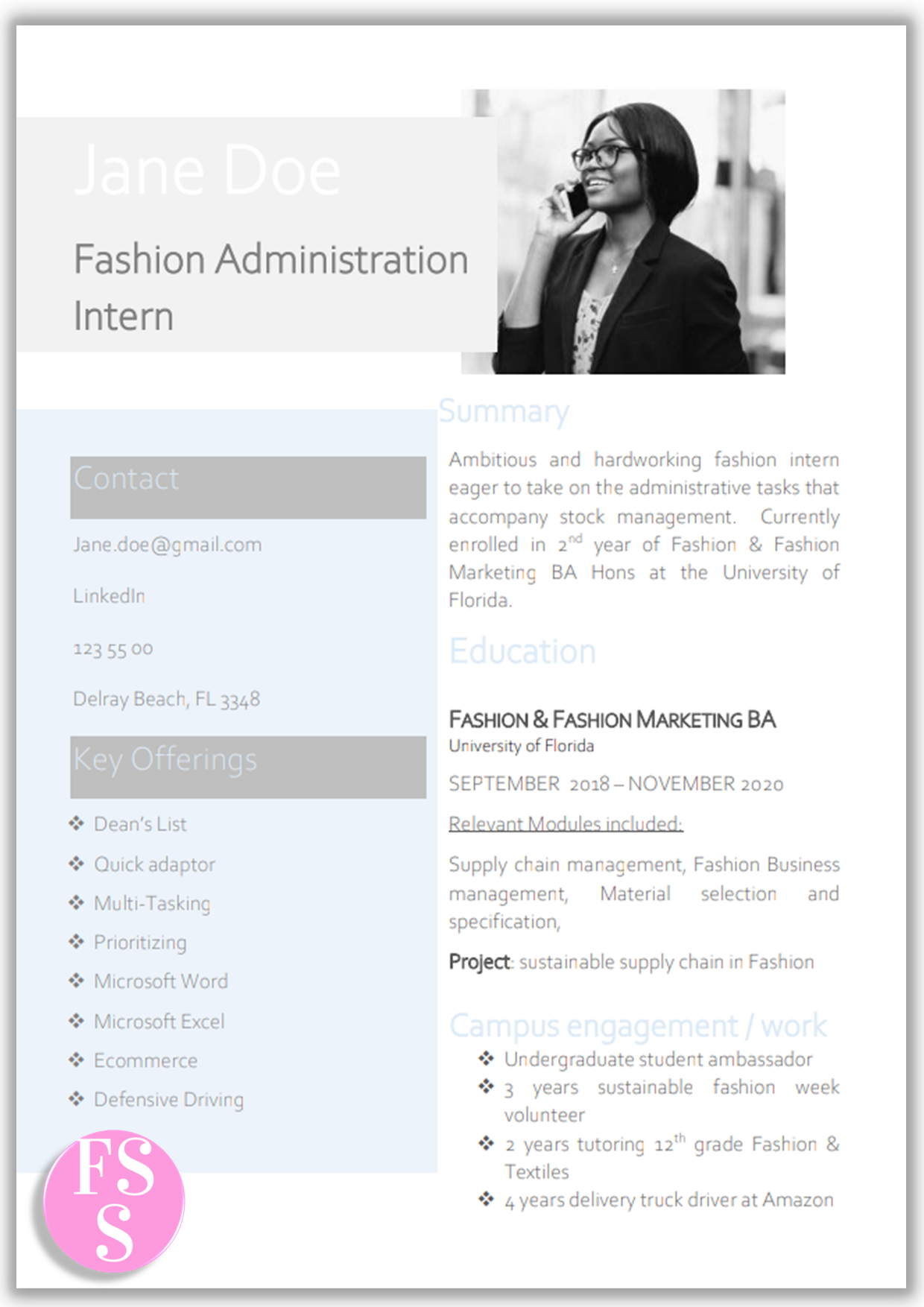 Fashion Student Resume Example In Light Blue. Creative CV Template with photo. Features: Letter & A4 size, Word format.