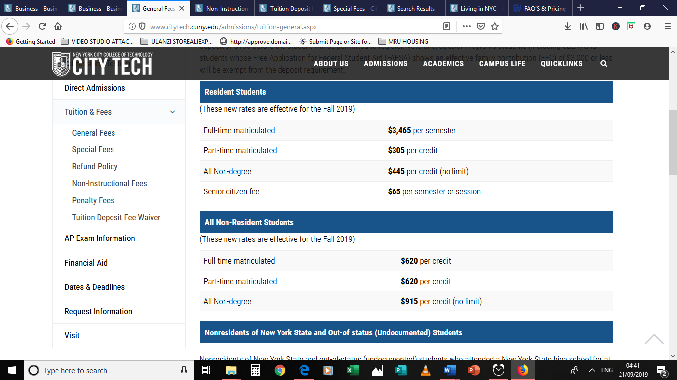 Tuition General fees as published in 2019