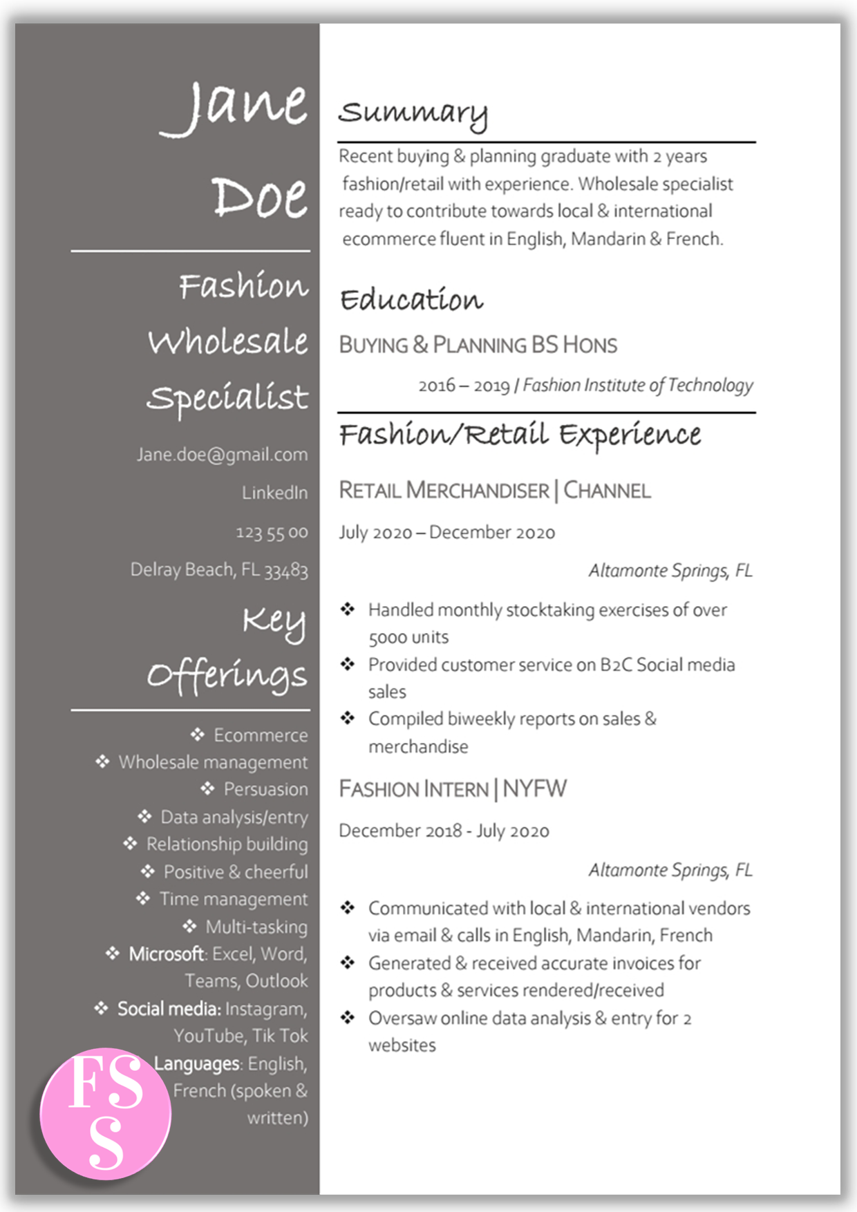 Fashion Wholesale Resume Sample in grey & white. Creative resume design & template without photo. Features: Letter & A4 size, Word format.
