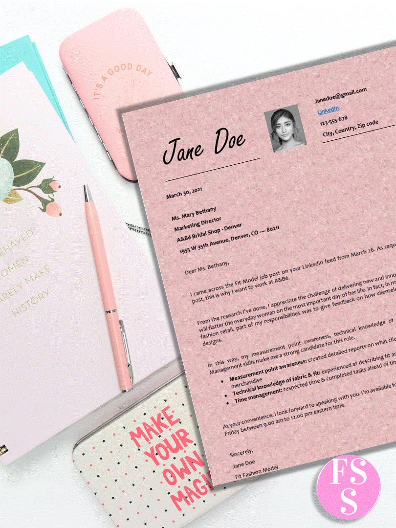 Single page Fashion Cover Letter Examples for resume in pastel pink.  With matching CV templates. Features: Letter & A4 size, Word format, with photo.