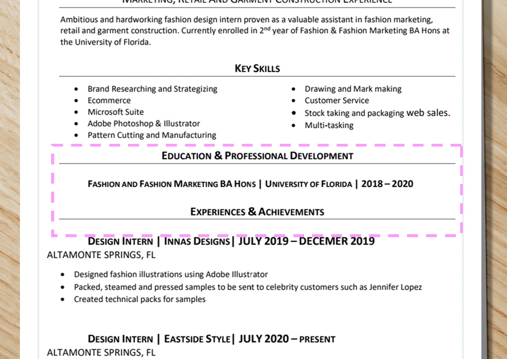 Education Resume Section Highlighted In Pink - Fashion Resume Tips