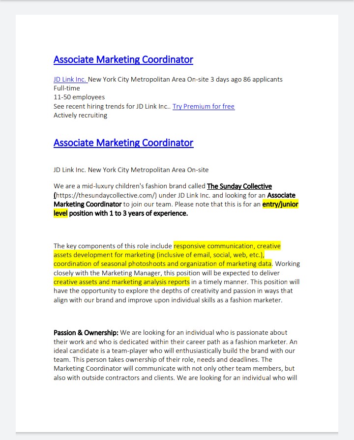 Let’s look at a fashion marketing manager job description together. So you can understand what this role is all about. Copied & pasted from LinkedIn into Microsoft word for further study.