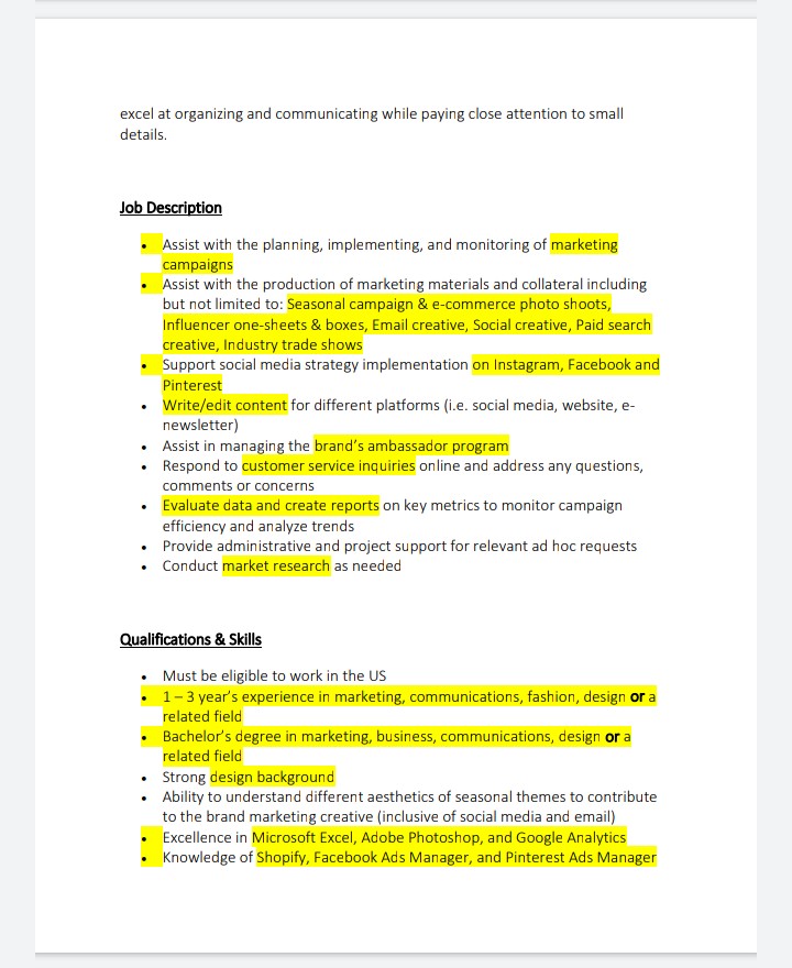 Let’s look at a fashion marketing manager job description together. So you can understand what this role is all about. Copied & pasted from LinkedIn into Microsoft word for further study.