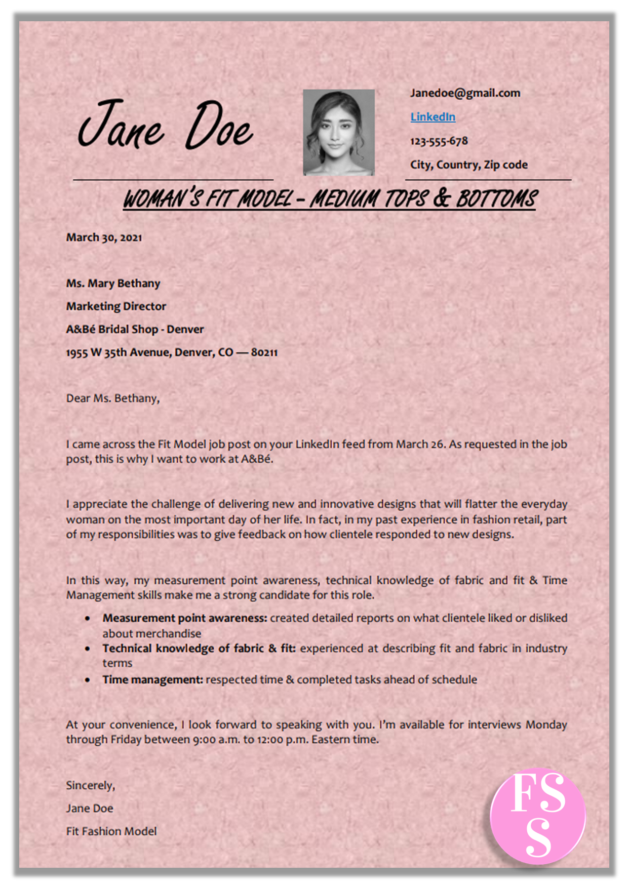 Single page Fashion Model Cover Letter. On pink tissue paper background. In 12-point font.