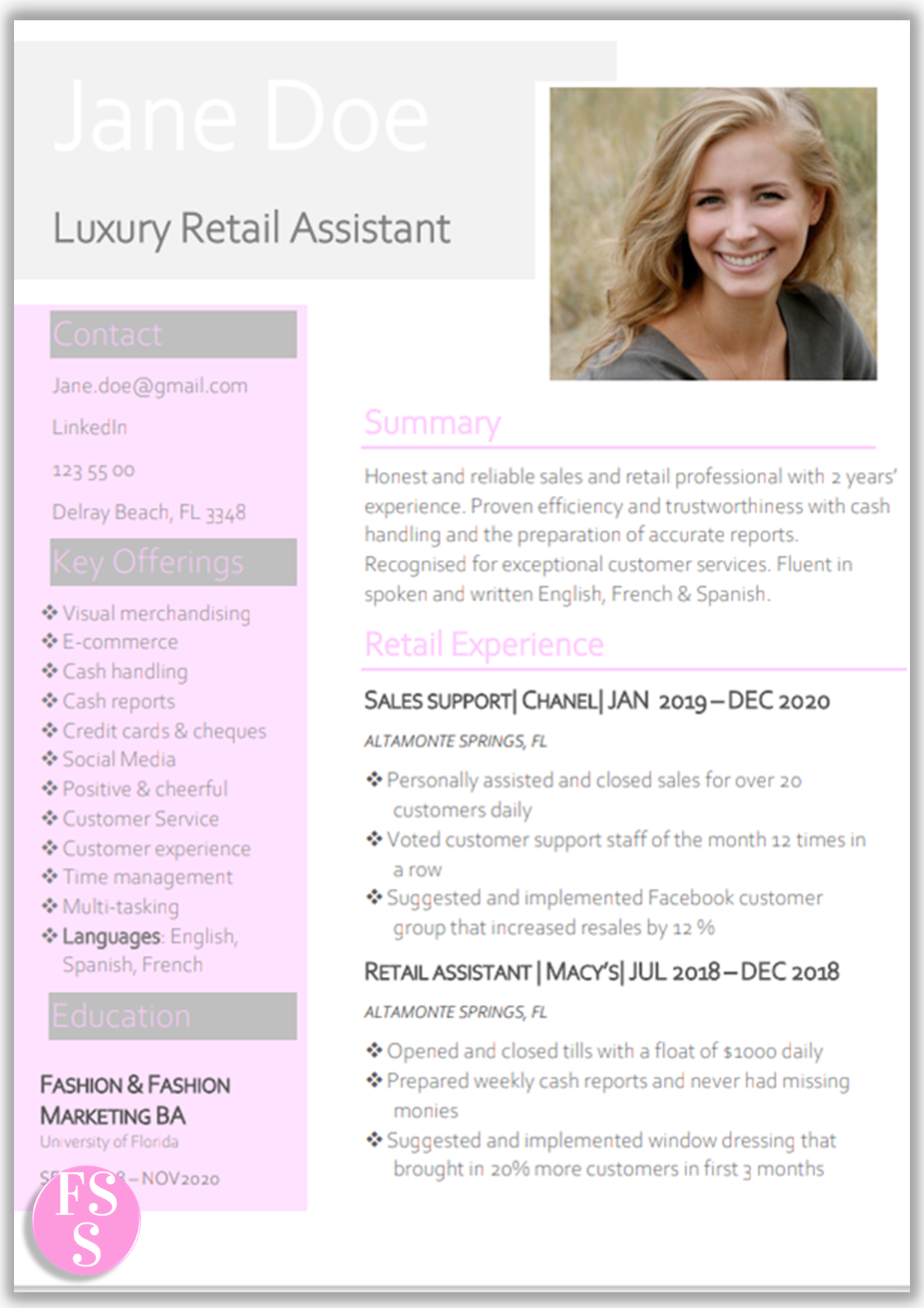 High End Fashion Retail Resume in pastel pink.  Creative CV Template with photo. Features: Letter & A4 size, Word format.