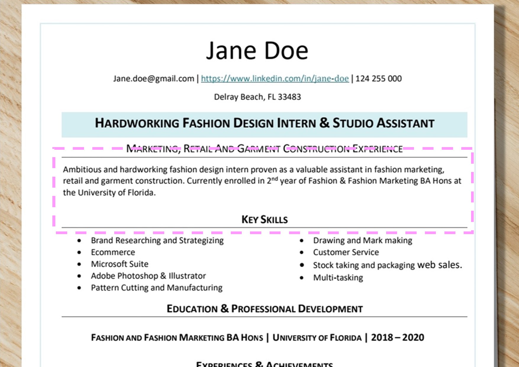 Summary Highlighted In Pink - Fashion Resume Tips