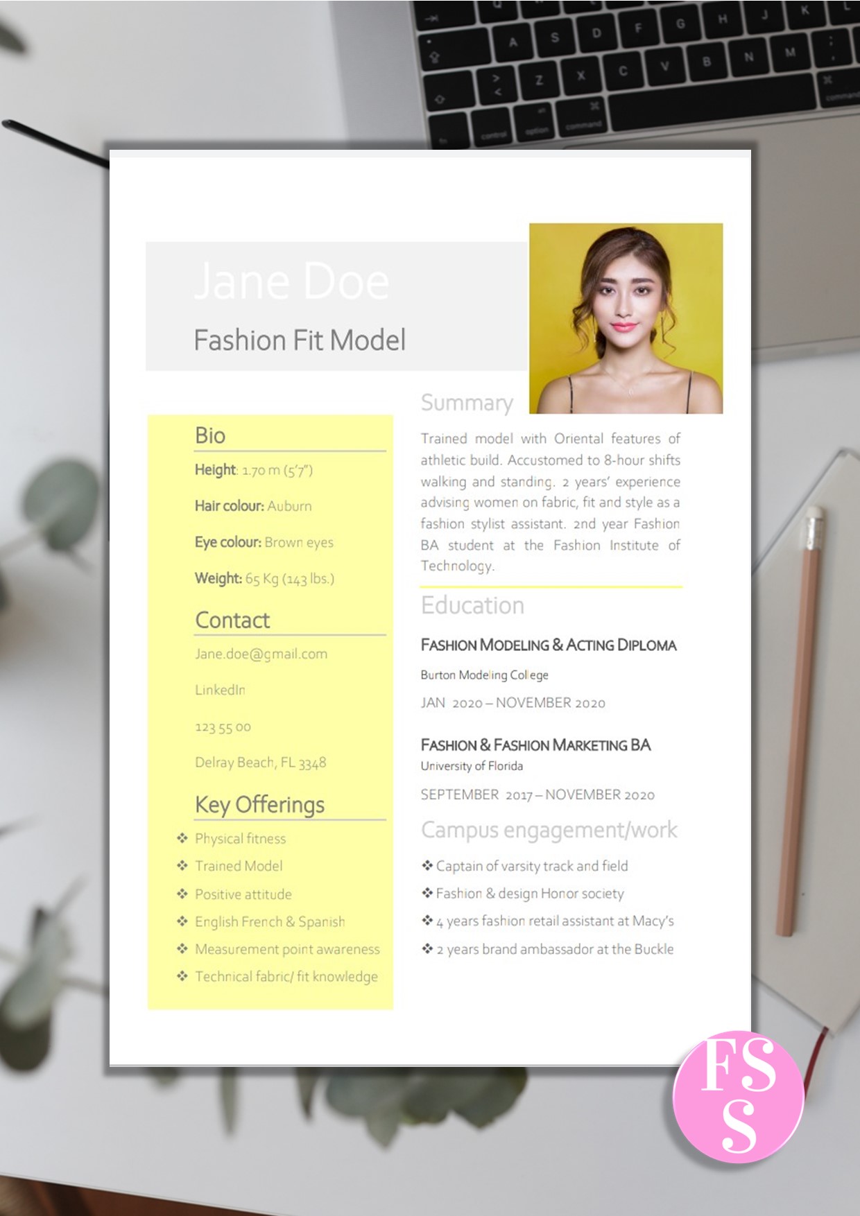 Fashion Model Resume Examples in yellow.
Creative resume design & template with photo. Features: Letter & A4 size, Word format.
