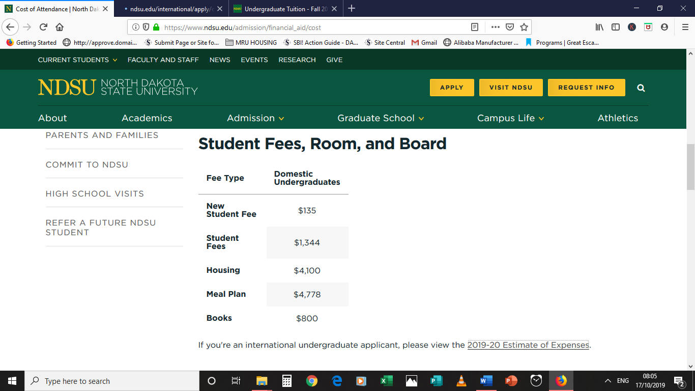 NDSU Fees, Housing, Meal Plan & Books