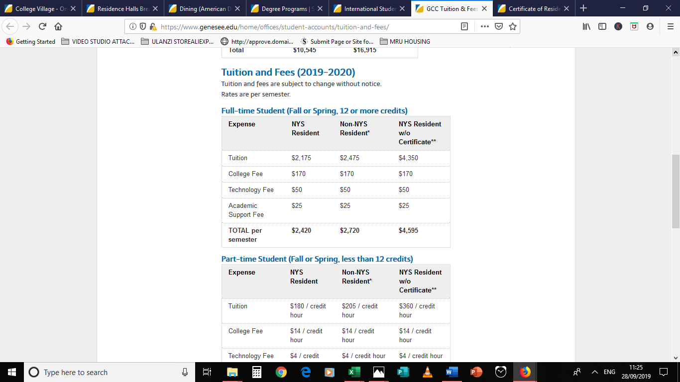 Genesee CC Tuition as published in 2019