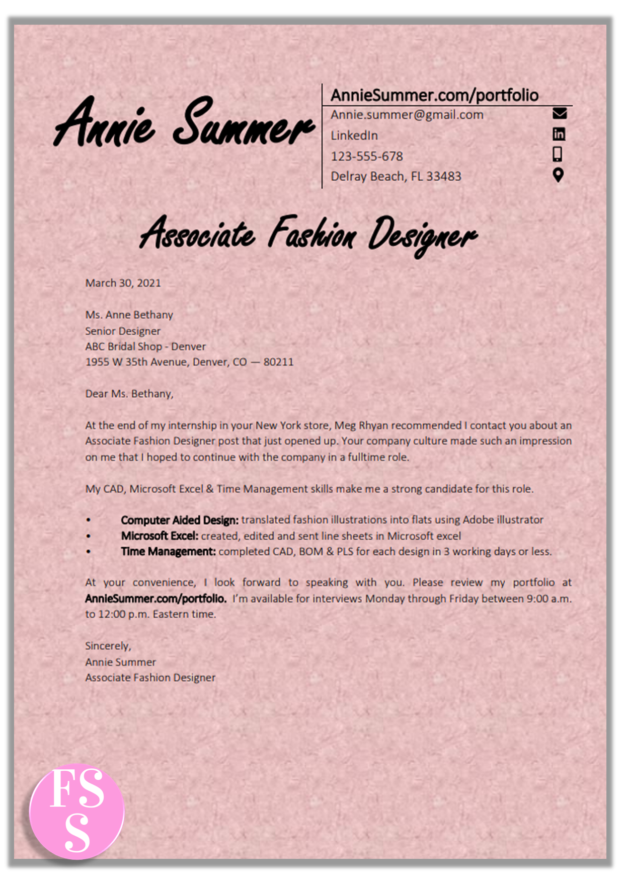 Fashion Designer Cover Letter sample & template on pink tissue paper. 12-point font. These examples are perfect for senior, assistant or freelance fashion designer applications.