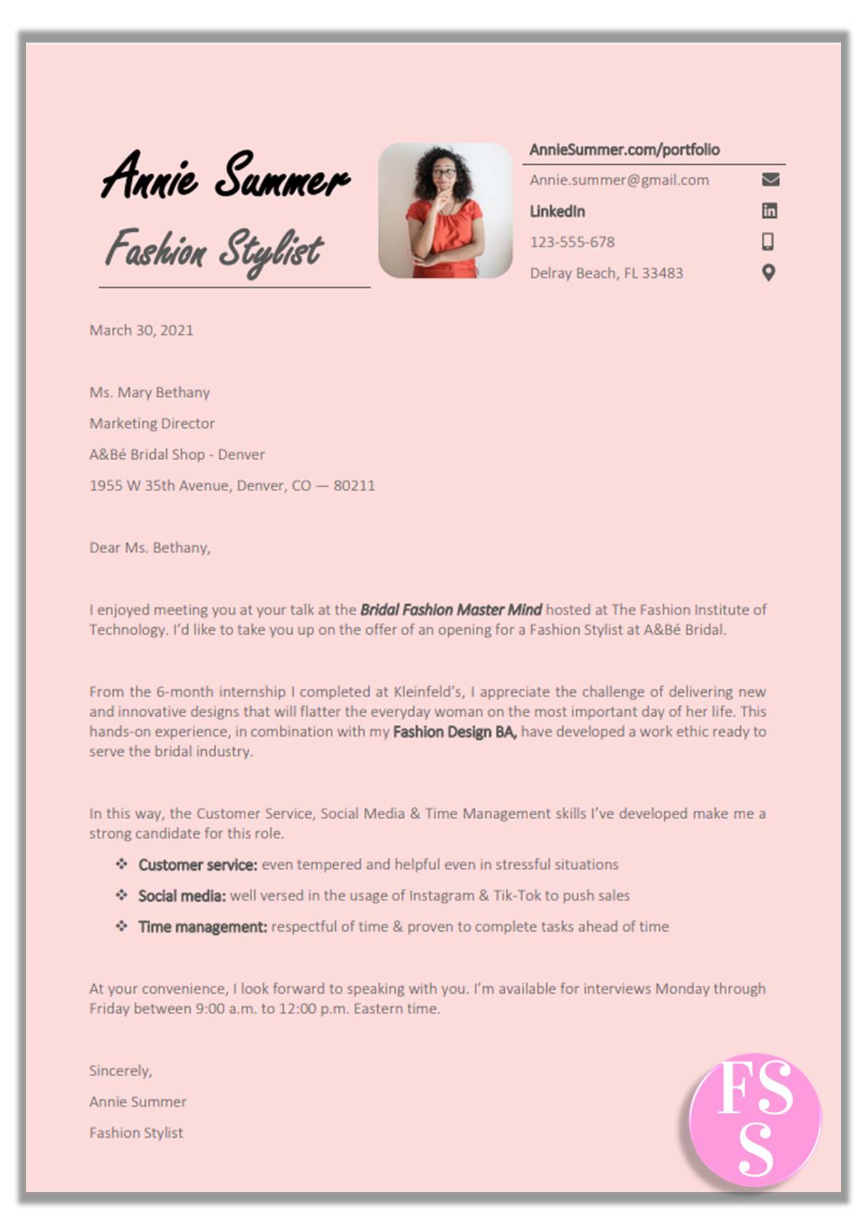 Single page Fashion Stylist Cover Letter for resume in pastel pink.  With matching CV templates. Features: Letter & A4 size, Word format, with photo.