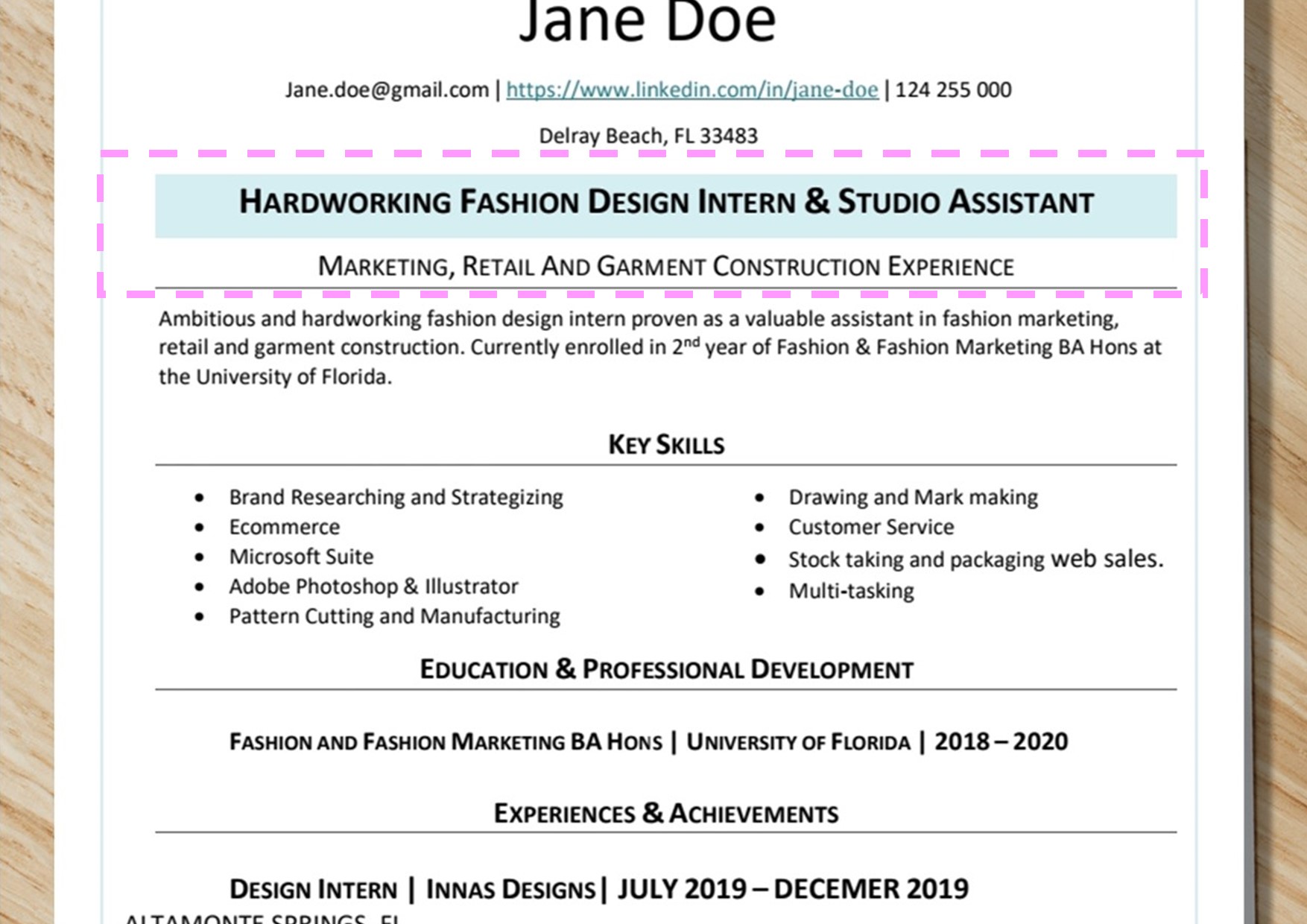 Resume Headline Highlighted In Pink – Fashion Resume Tips